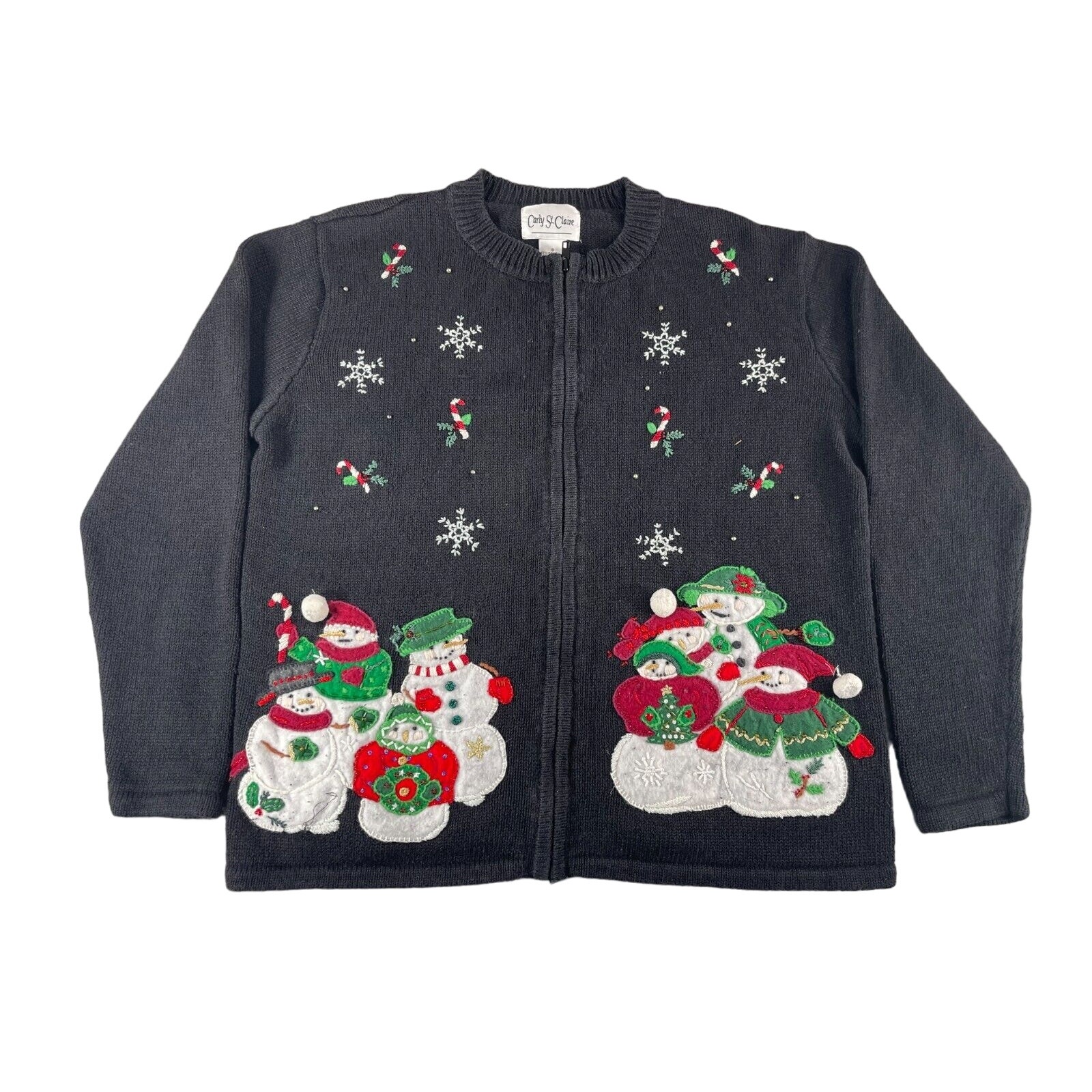 Carly St Claire Sweater Womens Small Christmas Black Vintage Snow Full Zip Ugly